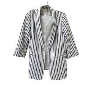 Anne Klein m striped long blue white blazer gold accents business chic preppy li